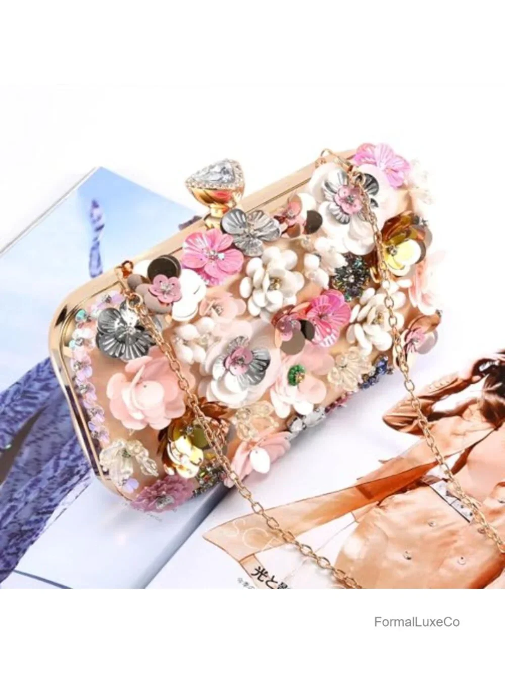Satin Floral Clutch with Pearl Beads Magnetic Buckle Evening Bag